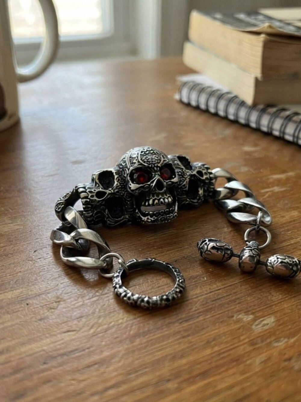 Mens red eye skull bracelet stainless steel gothic